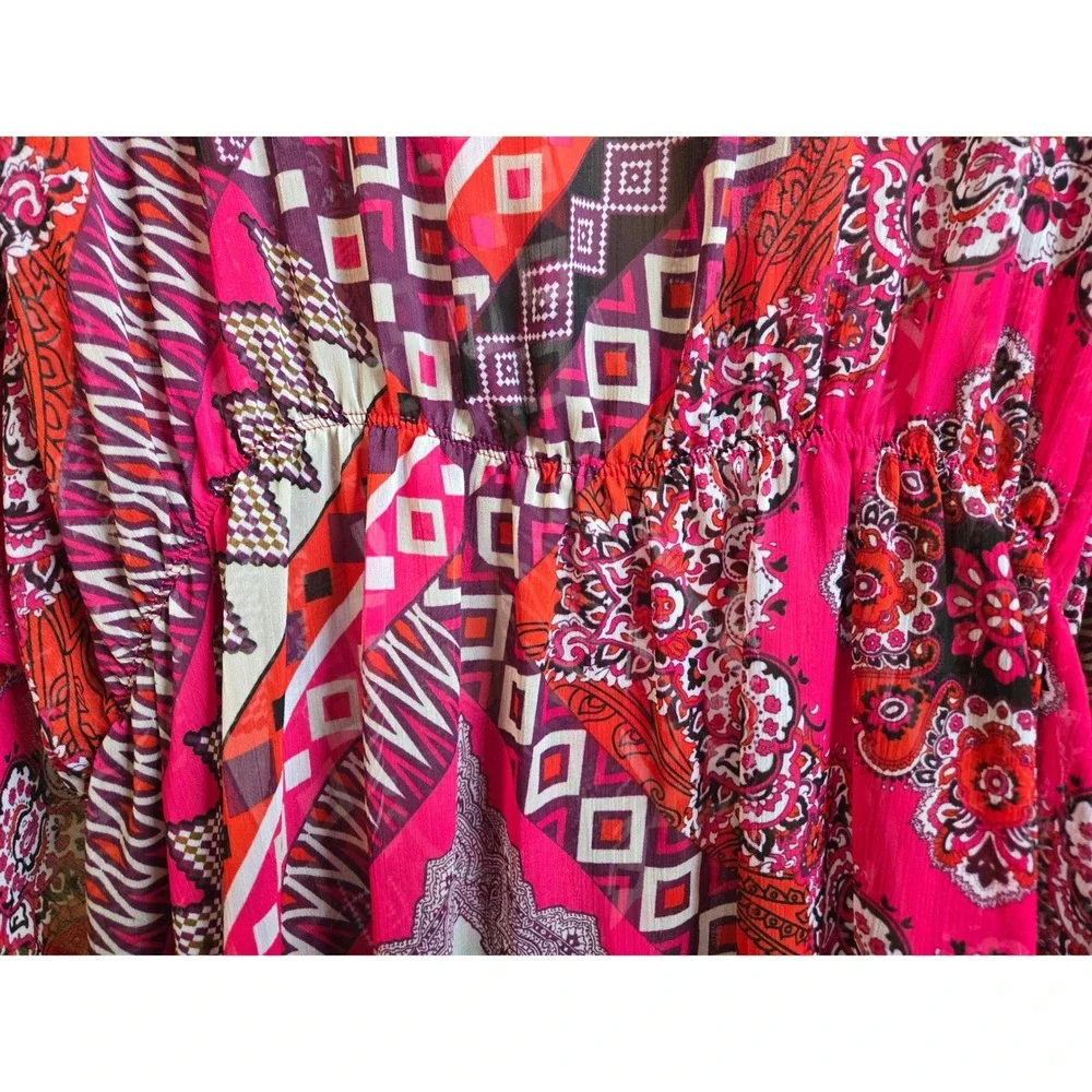 Maggie‎ Barnes Pink Paisley Geometric Kimono Cover Up Drawstring Waist 3X